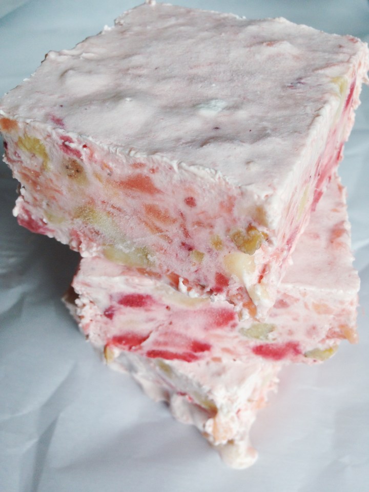 Champagne Salad - A Creamy Frozen Dessert with Strawberries, Pineapple, and Banana