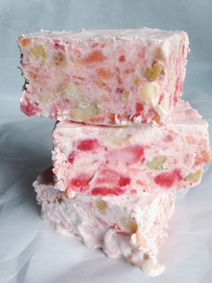 Champagne Salad - A Creamy Frozen Dessert with Strawberries, Pineapple, and Banana